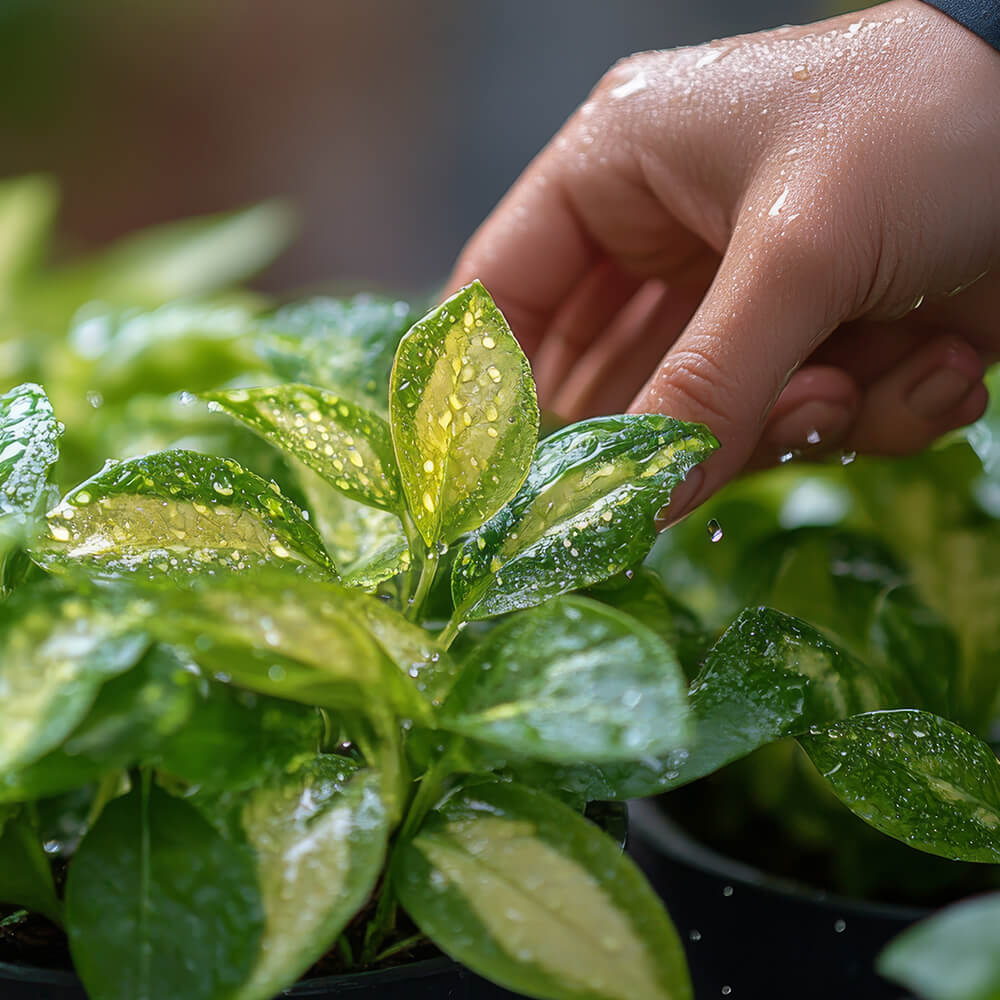 Professional plant health care service inspecting vibrant, wet green leaves.
